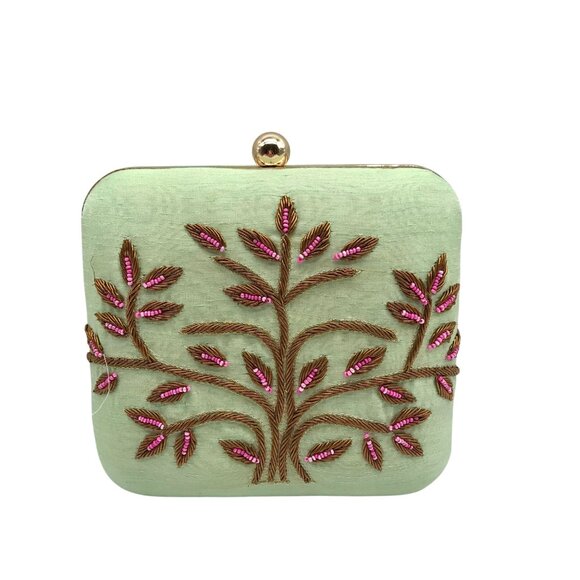 Singhvis Pink & Green Embroidered Fabric Fall Convertible Clutch - Picture 1 of 11